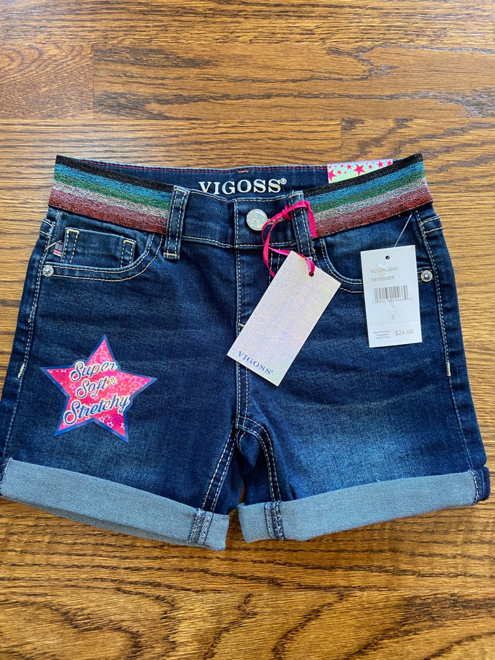 Vigoss Dark Blue Denim Girls' Shorts with Rainbow Elastic Waistband- Size 5 NWT